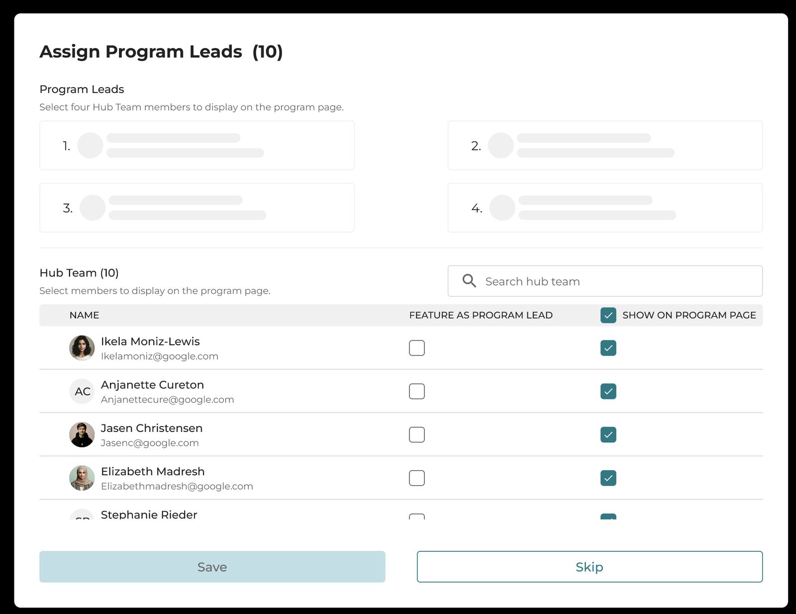 Assign Program Leads screen