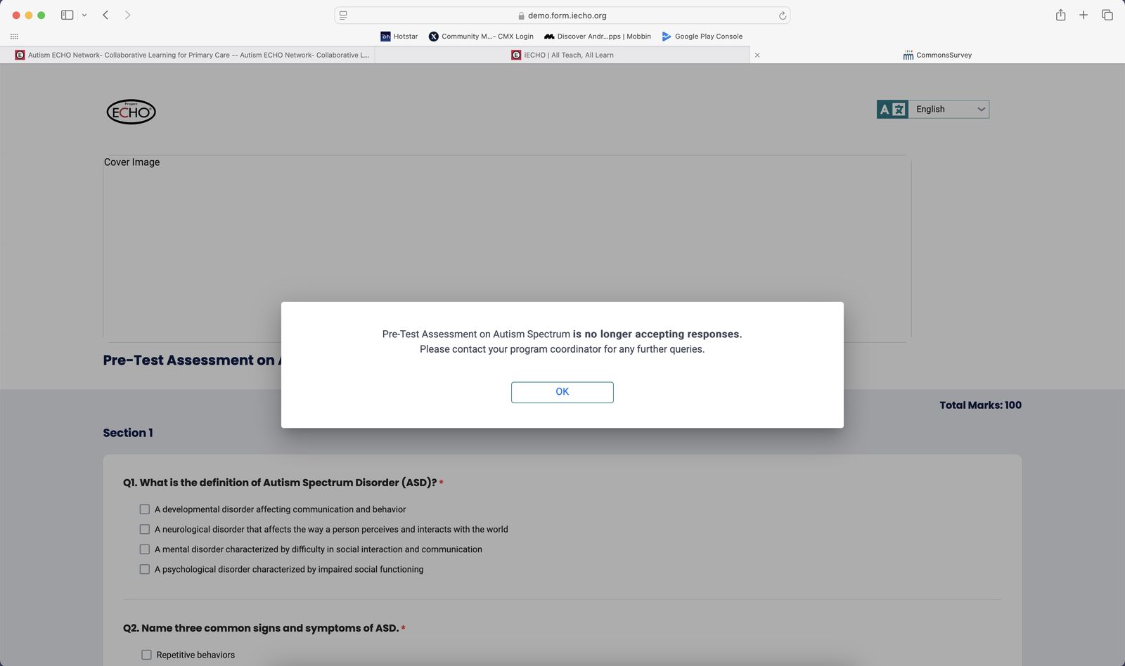 This is the notification participants will see when they attempt to complete the form.