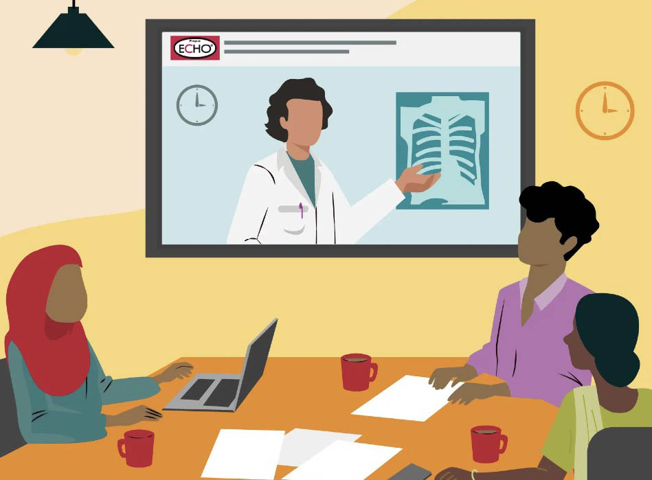 Illustration of how an ECHO program works, from specialist hub to community providers