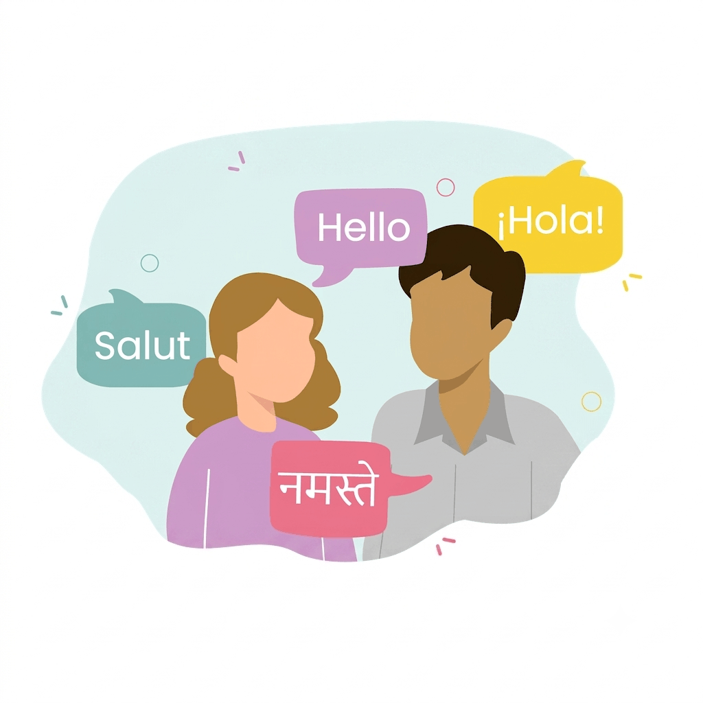 Two people greeting each other in several languages
