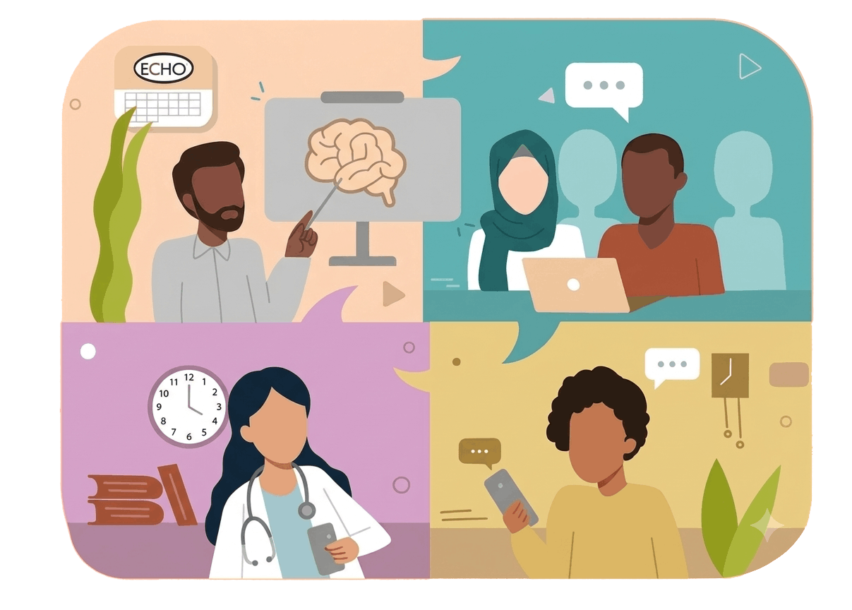 Illustration of specialists and health workers teaching and learning from each other on a video call
