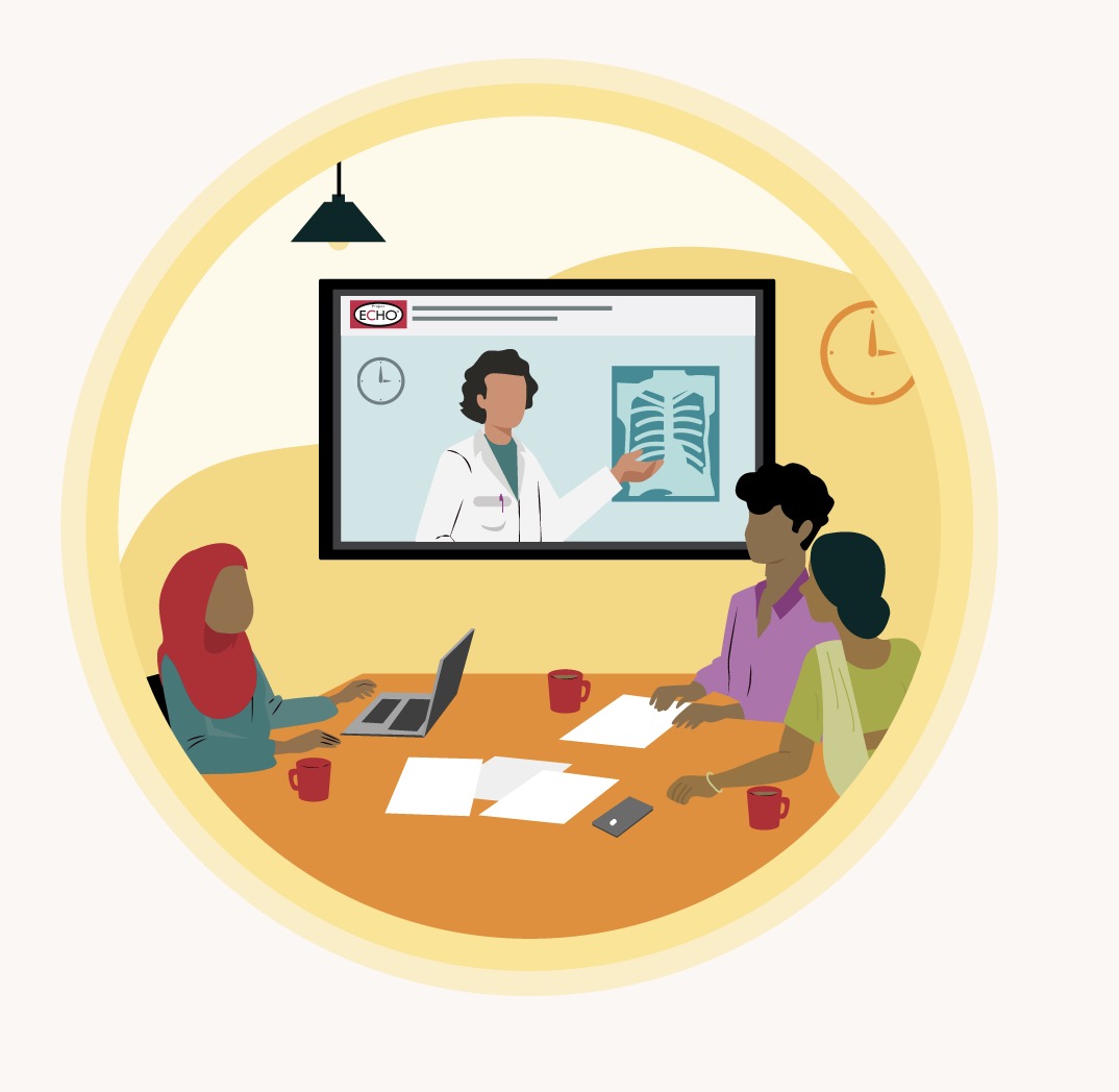 Illustration of a hub team meeting with a specialist on a video call