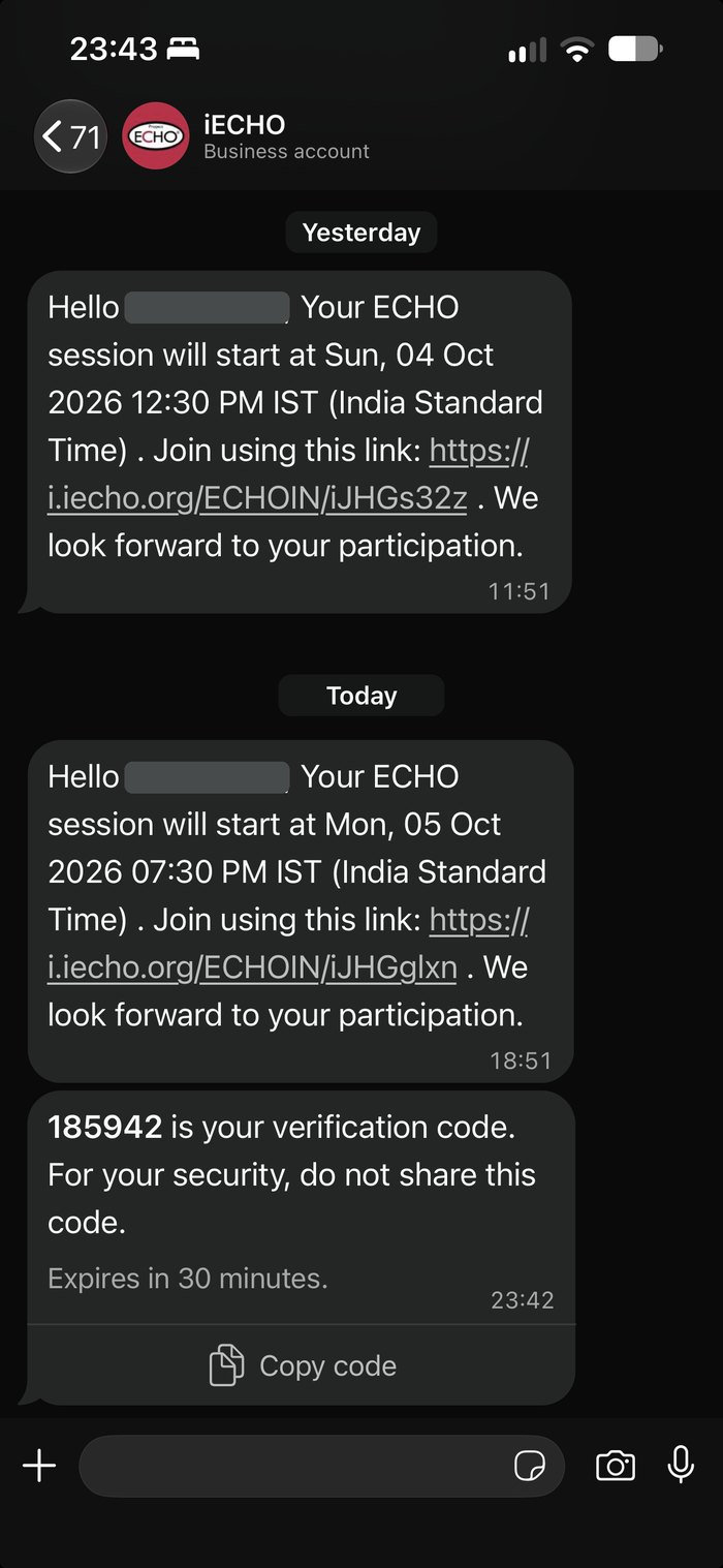 Session reminders and a sign-in code from iECHO in WhatsApp on a phone